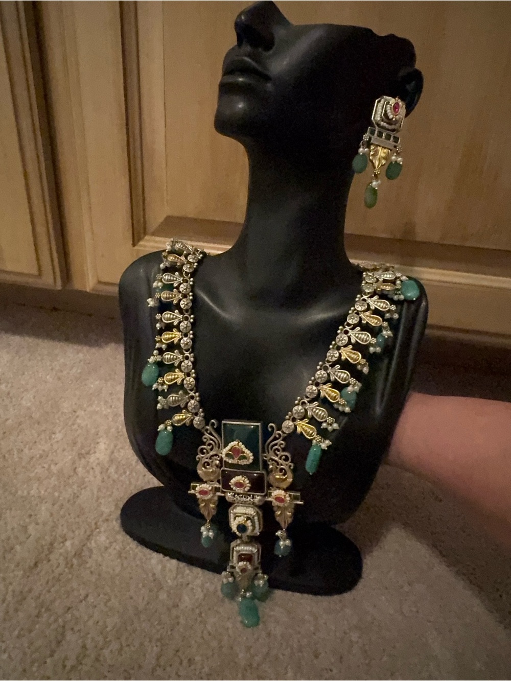 Green and Gold Statement Necklace and Earrings Set